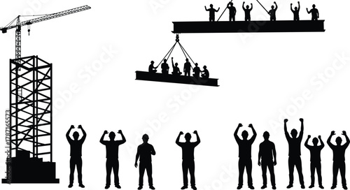 Construction workers on steel beams guided by crane equipment, coordinating teamwork and signalling for high rise structural building site safety operations