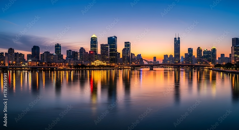 Naklejka premium Stunning cityscape reflecting in tranquil water at twilight offers a captivating urban vista for travel, business, or architectural projects