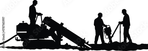 Construction workers operating heavy drilling machine and compacting soil on work site, industrial ground preparation, teamwork in civil engineering project