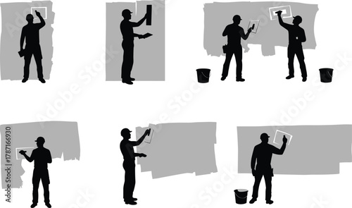 Construction workers plastering and painting interior walls, home renovation and finishing work, professional builders applying wall coating on modern construction site