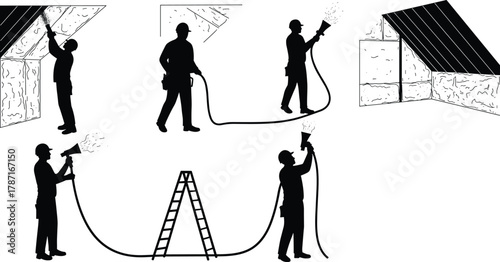 Construction workers spraying foam insulation on interior roof surfaces for building energy efficiency improvement and professional home insulation installation work