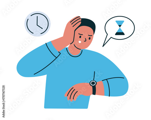 Flat cartoon vector illustration of man looking at watch and holding head in panic. Concept of lateness, stress, deadline, rush and time pressure in business and daily life situations