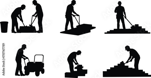 Construction workers stacking bricks with wheelbarrow and tools, masonry labor, building wall structure, contractor teamwork on construction site