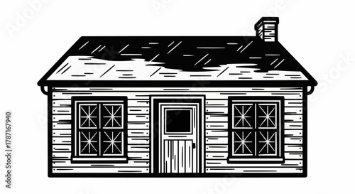 Detailed Illustration of a Cozy Cabin with Chimney and Windows.