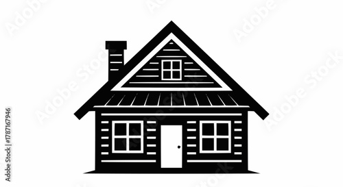 Black and white illustration of a cozy cabin with a chimney and windows.