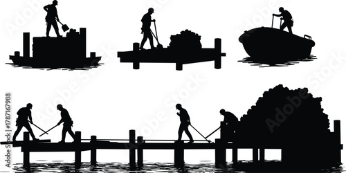 Construction workers transporting and unloading materials on dock platforms and boats, teamwork effort ensuring efficient logistics and maritime infrastructure development at waterfront site