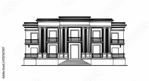 Classical Building Facade with Columns and Balconies.
