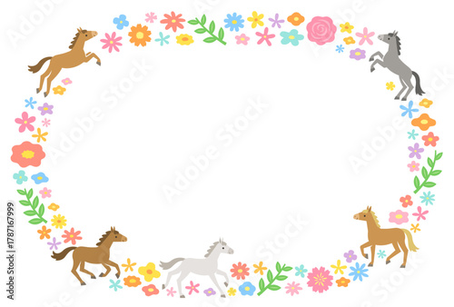 馬とカラフルな花の楕円フレーム