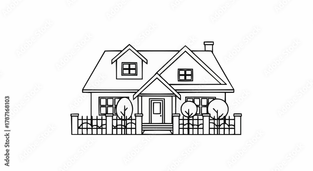 Fototapeta premium Simple black and white line art drawing of a house.