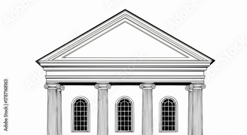 Architectural line drawing of a classical building facade with columns.