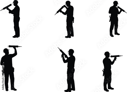 Construction workers using caulking guns applying sealant, silhouette of builders sealing joints and gaps, professional repair, maintenance and renovation work concept illustration