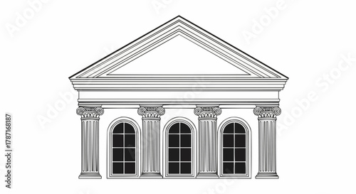 Architectural facade featuring classical columns and arched windows in detailed illustration.