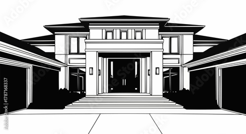 Black and white architectural illustration of a modern luxury mansion.