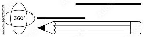 Pencil surrounded by overlapping arrows indicating 360-degree rotation, paired with bold lines. Ideal for creativity, education, design, motion, perspective, flexibility innovation. Simple flat
