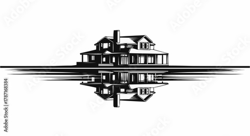 House Reflection - A Serene Lakeside Home in Black and White.