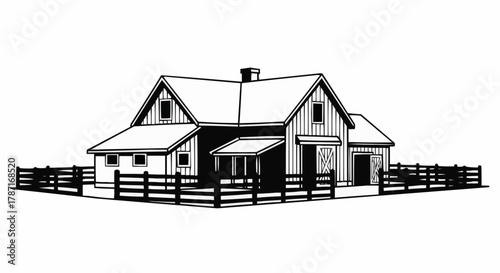 Detailed illustration of a classic farmhouse with a wooden fence surrounding it.