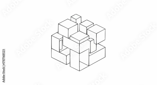Abstract isometric cube structure line art drawing minimalist geometric design.