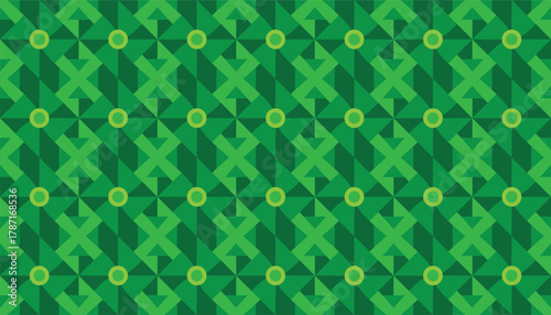 A repeating abstract pattern composed of layered X motifs in various green tones, highlighted with small circular elements. The harmonious color palette evokes a nature-inspired, vibrant aesthetic
