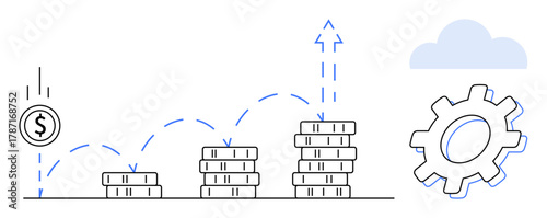 Stacks of coins increasing in height with arrows indicating growth, falling coin, gear, cloud. Ideal for finance, investment, strategy, business growth, economy entrepreneurship simple flat