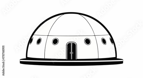 Simple black and white line drawing of a futuristic dome building.