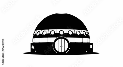 Monochrome graphic illustration of a futuristic dome shaped building.