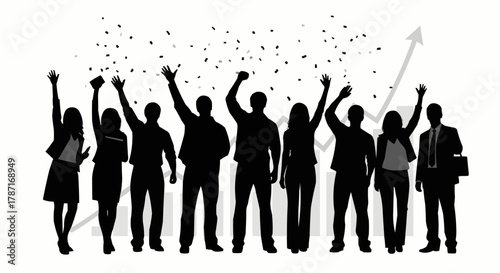 Group of people celebrating success with raised arms and confetti.