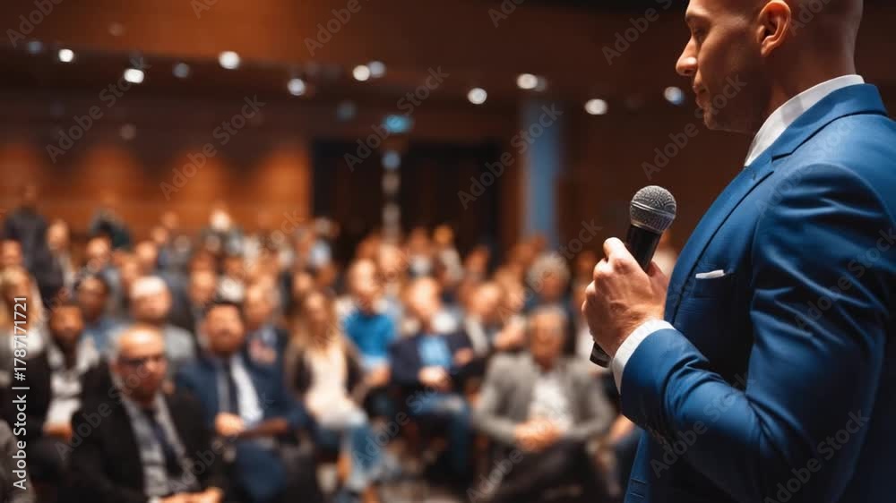 Inspiring Leadership: A charismatic leader captivates a large audience ...