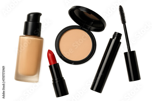 Essential Cosmetics: A collection of beauty essentials for creating flawless looks and enhancing natural beauty, including foundation, lipstick, compact powder, mascara, and a makeup brush. 