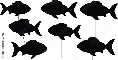 Creative fish silhouettes floating with balloons, surreal aquatic concept illustration, fantasy vector design showing imagination, freedom, and dreamlike underwater inspiration in black art