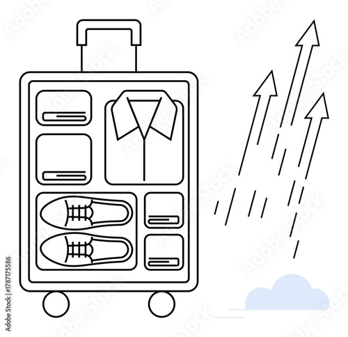 Organized suitcase with clothing and shoes next to arrows pointing upwards, representing progress, travel, and aspirations. Ideal for travel planning, adventure, career growth, minimalism