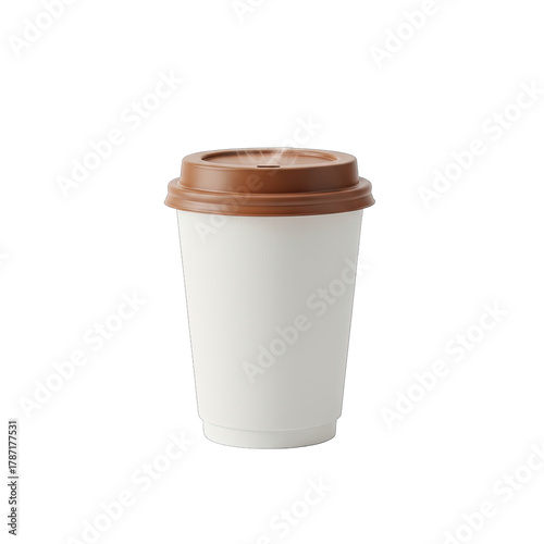 White Disposable Coffee Cup with Brown Lid Isolated on Black Background Studio Product Shot with Soft Lighting