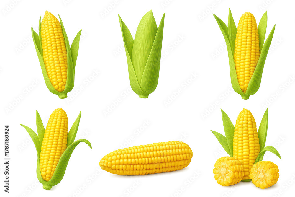 Obraz premium Assorted corn ears and corn cob on transparent background