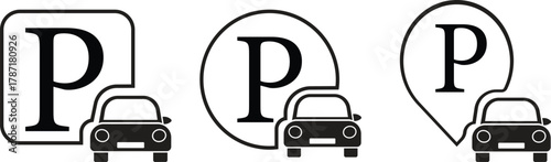 Car Parking Icon set. Public parking and location symbol. Road sign for vehicle park area. Containing park, sign, traffic, vehicle, travel, transport, public and more icons. Vector illustration.