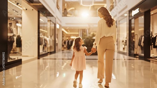 Mother and daughter holding hands walking through a shopping mall in warm evening sunlight