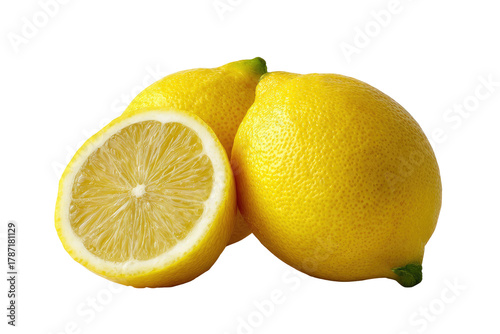 Three vibrant yellow citrus fruits, one halved to reveal the juicy interior, set against black