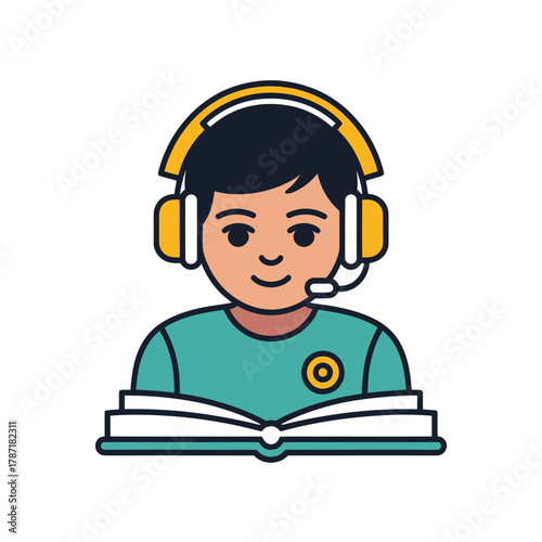 Boy with headphones and open book icon headset microphone
