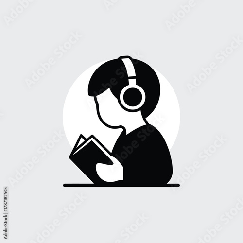 Boy with headphones reading a book icon listening