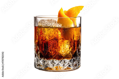 Cocktail with ice and an orange peel garnish in a crystal rocks glass, against a black background