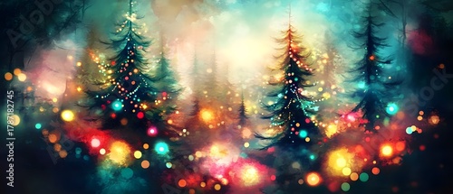 Magical forest with Christmas trees and lights.