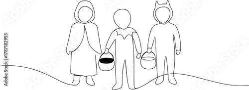 Three figures in costume holding trick or treat baskets