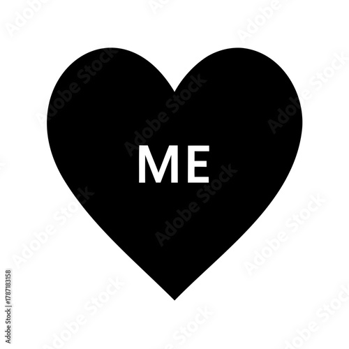 Black heart with 'me' letters, illustrating self-love Vector