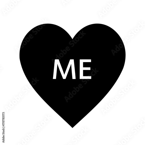 Black heart with 'me' text on white, self-love emblem Vector
