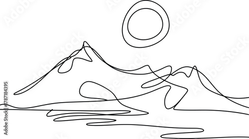 Single Line Mountains and Moon Illustration  Minimalist Landscape Drawing
