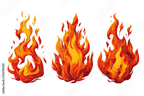 Three stylized flames depicted in vibrant hues of red, orange, and yellow against black