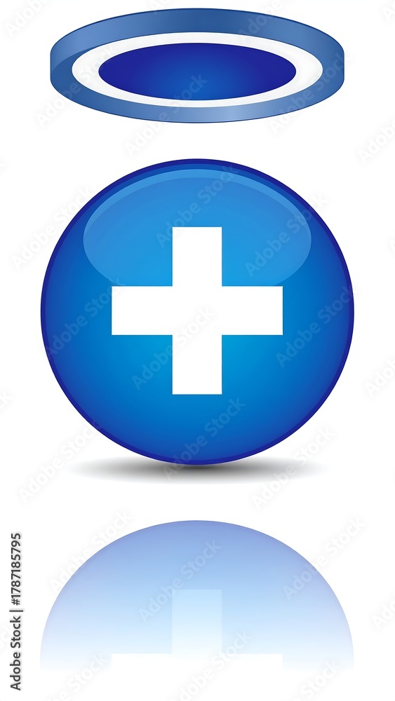 Fototapeta premium Glossy blue orb with a white plus sign, topped by a blue halo, casting a reflection. Simple, clean, and symbolic design