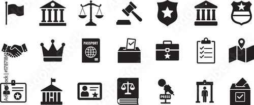   Government authority icons in bold vector silhouette style. Ideal for law, office, and power concepts.