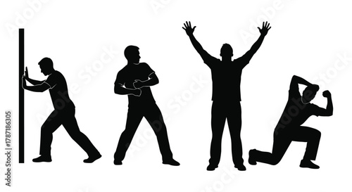 Men silhouettes stretching and celebrating success on white background