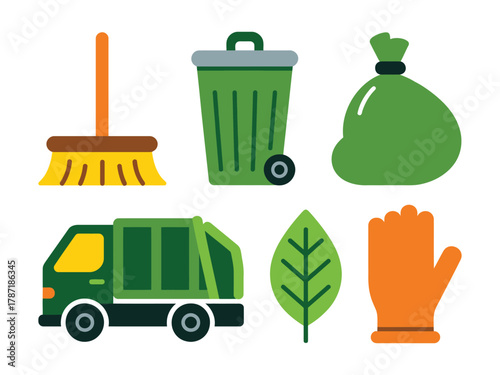 Garbage and recycling icons in bright colors vector illustration for environment