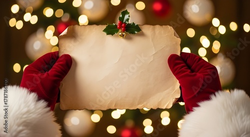 Close-Up of Santa Claus Hands Holding Blank Letter with Copy Space, Christmas Background
