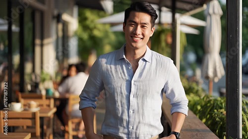 Smiling Man in Casual Outfit at Outdoor Cafe.